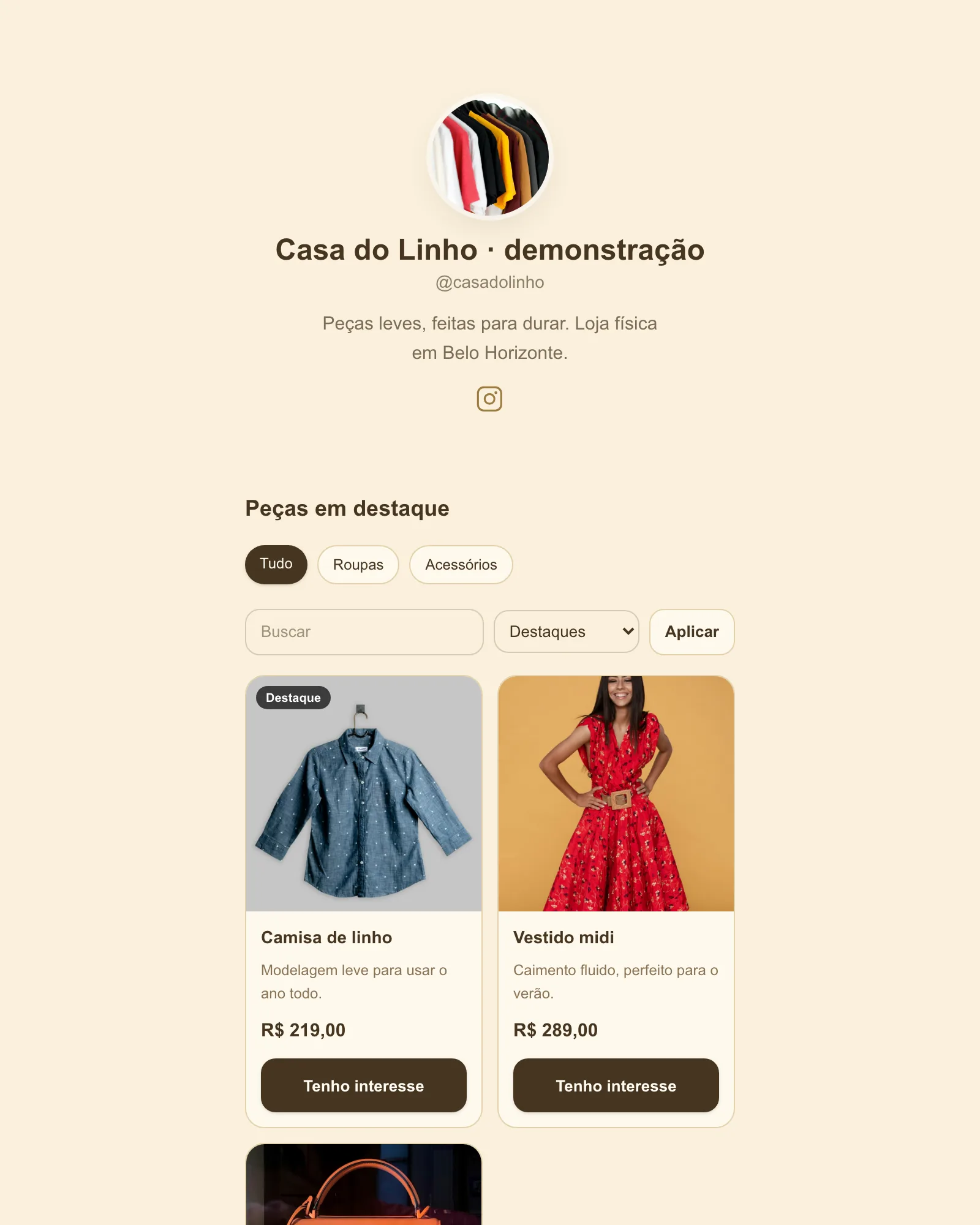 Catálogo do Venimin com produtos, categorias, preços e botão de interesse