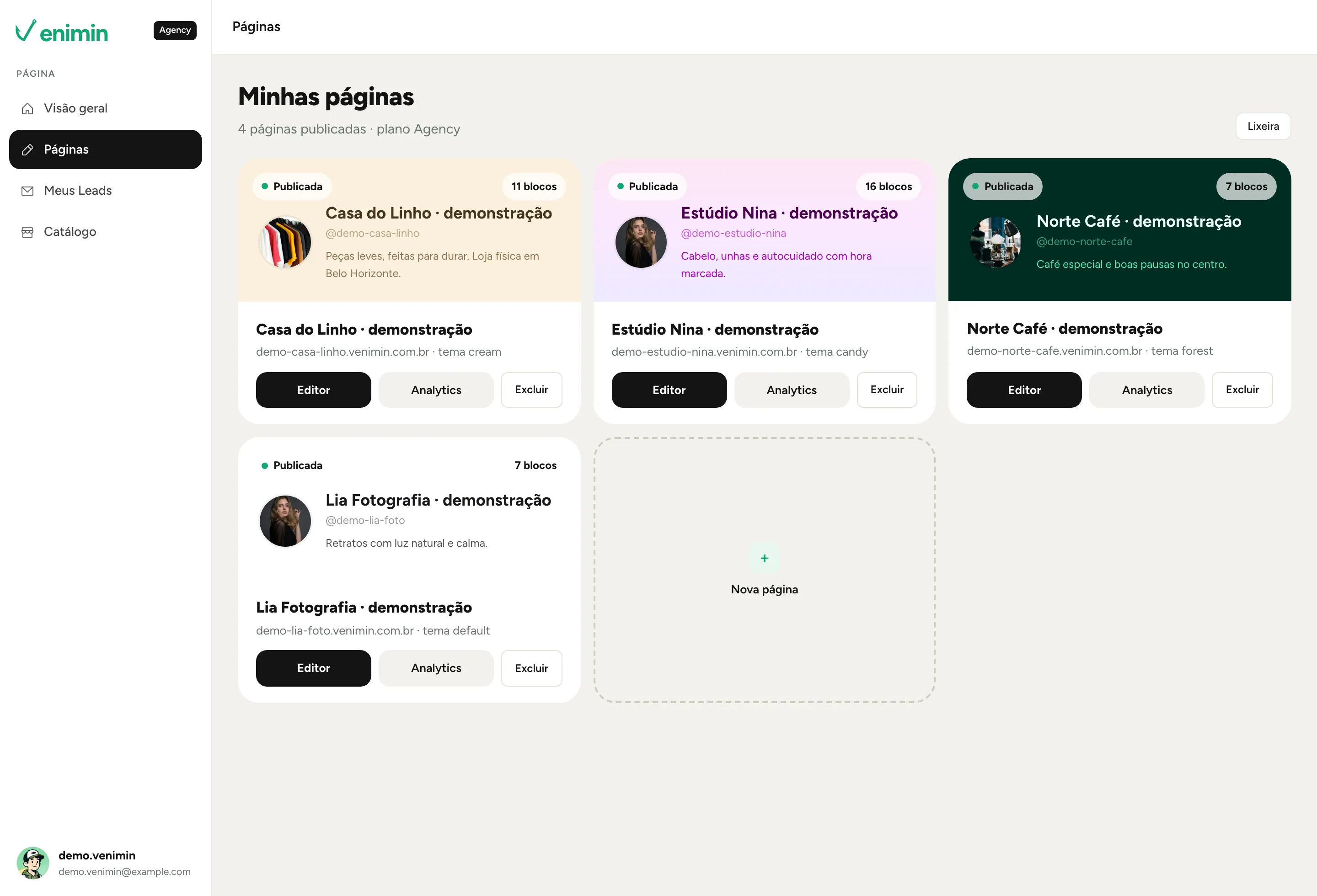 Painel do Venimin com quatro páginas publicadas em uma conta do plano Agency, cada uma com acesso ao editor e às métricas