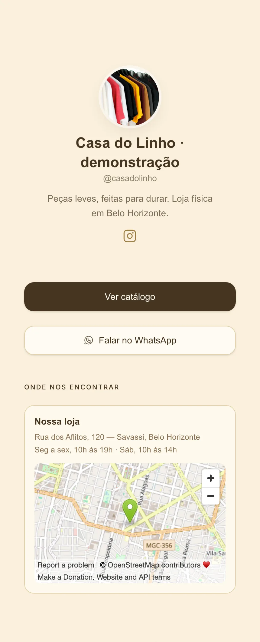 Página pública criada no Venimin: apresentação da loja, botão de catálogo, botão de WhatsApp e bloco de localização com mapa