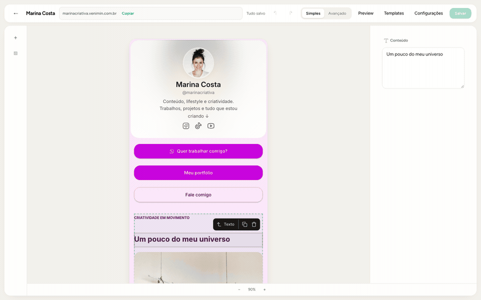 Demonstração real do editor Venimin com alteração de conteúdo e prévia de página personalizada